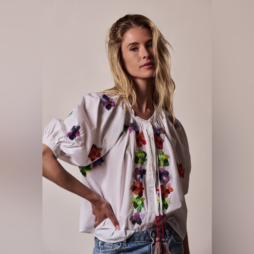The Shirt Rochelle Behrens Minka 3/4 Sleeve Sequin Blouse White XS SOLD OUT - Picture 5 of 17